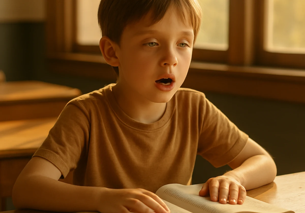 Child reading aloud from a textbook at a classroom desk