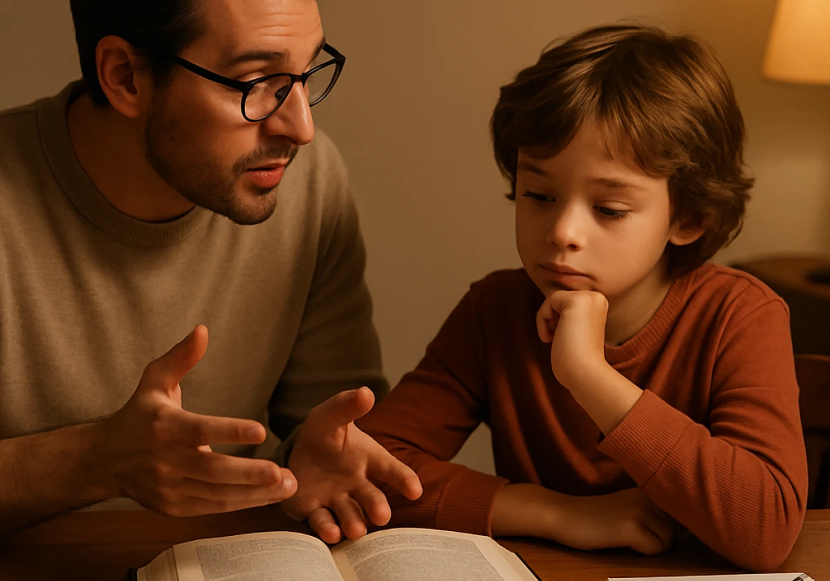 Parent and child sitting together at a wooden table