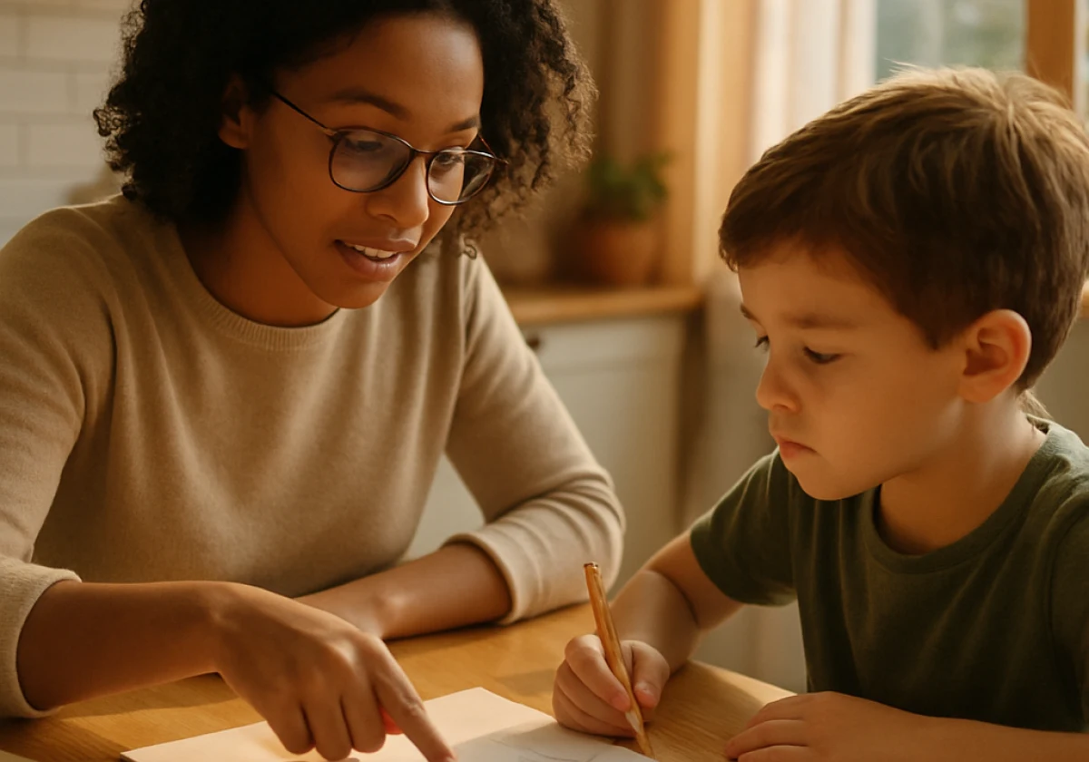 Tutor and elementary student sitting at a kitchen table